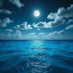 A serene ocean scene with vibrant, deep blue waters that reflect the subtle variations of the partly cloudy night sky above