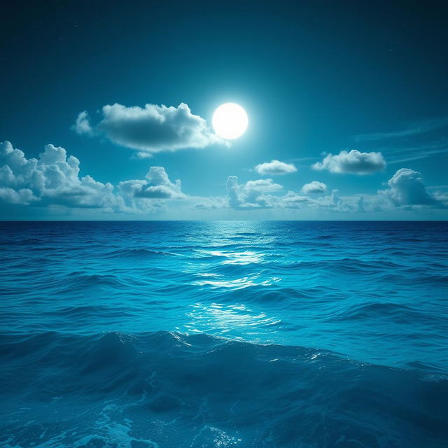 A serene ocean scene with vibrant, deep blue waters that reflect the subtle variations of the partly cloudy night sky above