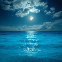 A serene ocean scene with vibrant, deep blue waters that reflect the subtle variations of the partly cloudy night sky above