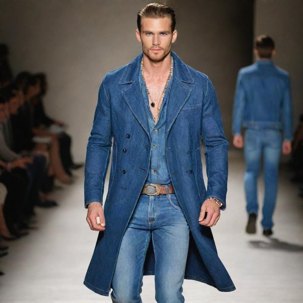 Handsome male model in slim-fit jeans and a denim coat, adorned with elegant jewelry, strut his stuff on the runway.