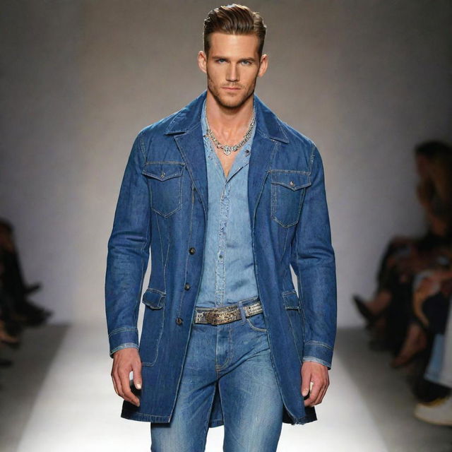 Handsome male model in slim-fit jeans and a denim coat, adorned with elegant jewelry, strut his stuff on the runway.