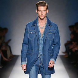 Handsome male model in slim-fit jeans and a denim coat, adorned with elegant jewelry, strut his stuff on the runway.