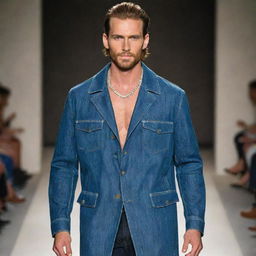 Handsome male model in slim-fit jeans and a denim coat, adorned with elegant jewelry, strut his stuff on the runway.