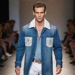 Handsome slim male model in jeans, a denim coat with white vision accents, adorned with exquisite jewelry, walking the runway