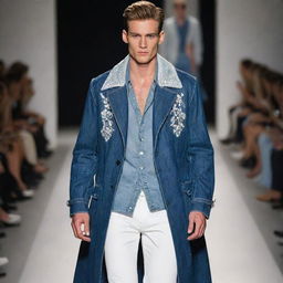 Handsome slim male model in jeans, a denim coat with white vision accents, adorned with exquisite jewelry, walking the runway