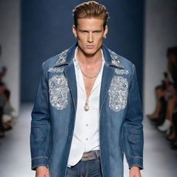 Handsome slim male model in jeans, a denim coat with white vision accents, adorned with exquisite jewelry, walking the runway