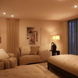 A beautiful 12x12 room interior, tastefully decorated with comfortable furniture, warm lighting, and elegant decor.