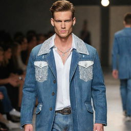 Handsome slim male model in jeans, a denim coat with white vision accents, adorned with exquisite jewelry, walking the runway