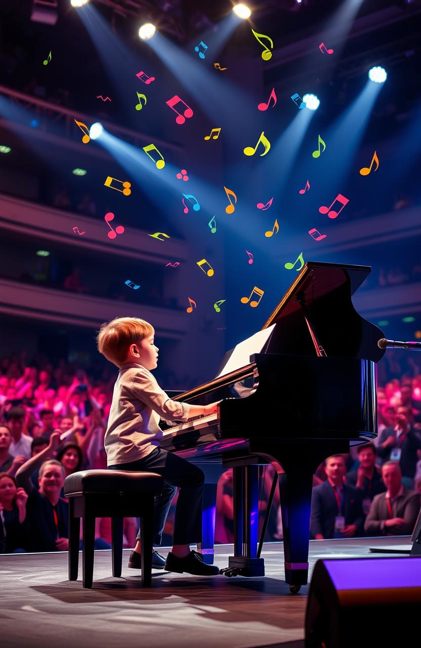 A highly skilled young musician performing on stage, showcasing exceptional talent