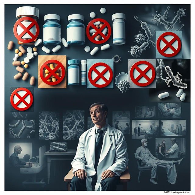 A visually striking poster design that encapsulates a scene where multiple events occur in a single setting: prominently displayed images of various medications and antibiotics, each marked with a bold 'no' (X) sign to indicate their unuse