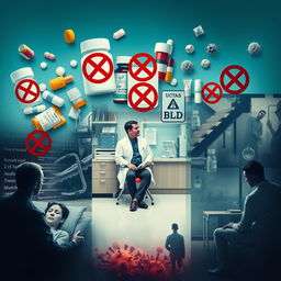 A visually striking poster design that encapsulates a scene where multiple events occur in a single setting: prominently displayed images of various medications and antibiotics, each marked with a bold 'no' (X) sign to indicate their unuse