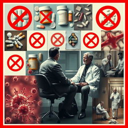 A visually striking poster design that encapsulates a scene where multiple events occur in a single setting: prominently displayed images of various medications and antibiotics, each marked with a bold 'no' (X) sign to indicate their unuse