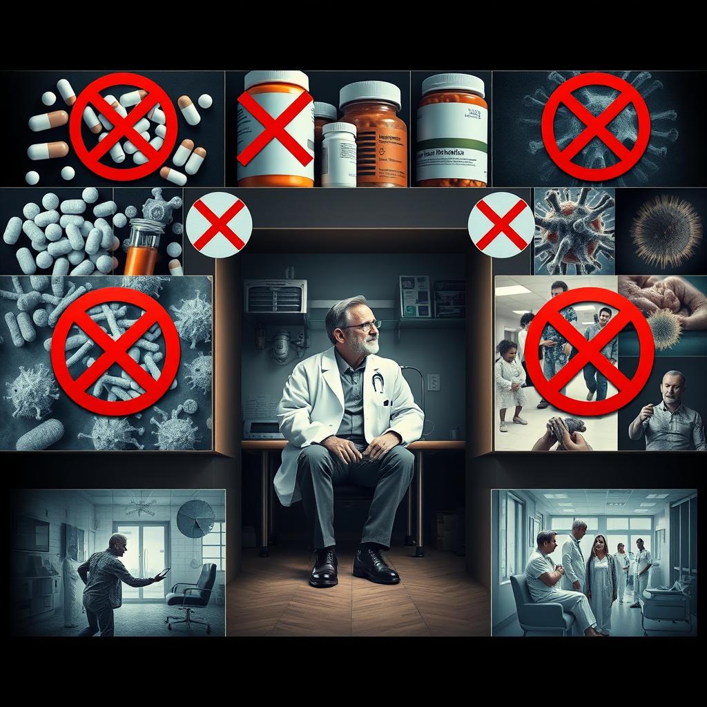 A visually striking poster design that encapsulates a scene where multiple events occur in a single setting: prominently displayed images of various medications and antibiotics, each marked with a bold 'no' (X) sign to indicate their unuse