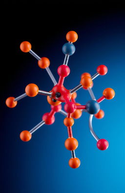 A detailed molecular structure of a complex chemical formula, showcasing various atoms represented by their symbols, vividly colored with appropriate electron arrangements, labeled with chemical interactions and bonds