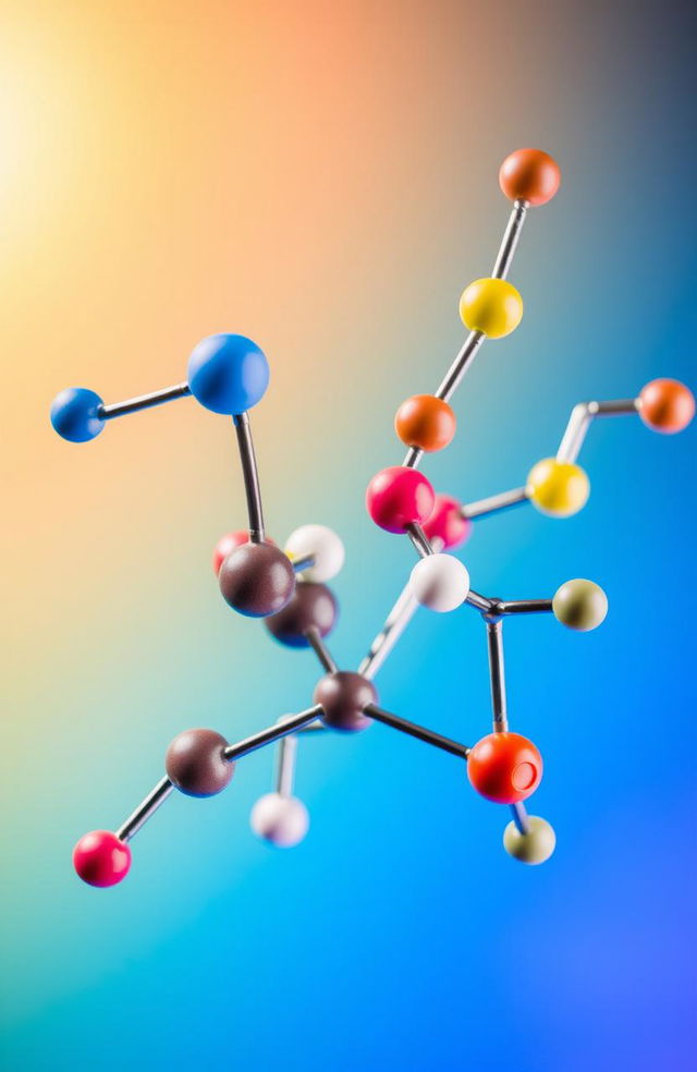 A detailed molecular structure of a complex chemical formula, showcasing various atoms represented by their symbols, vividly colored with appropriate electron arrangements, labeled with chemical interactions and bonds