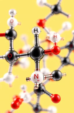 A detailed molecular structure of a complex chemical formula, showcasing various atoms represented by their symbols, vividly colored with appropriate electron arrangements, labeled with chemical interactions and bonds