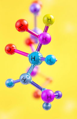 A detailed molecular structure of a complex chemical formula, showcasing various atoms represented by their symbols, vividly colored with appropriate electron arrangements, labeled with chemical interactions and bonds