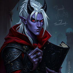 A detailed fantasy artwork of a male demon, a sinister yet charismatic warlock