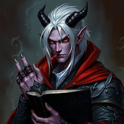 A detailed fantasy artwork of a male demon, a sinister yet charismatic warlock