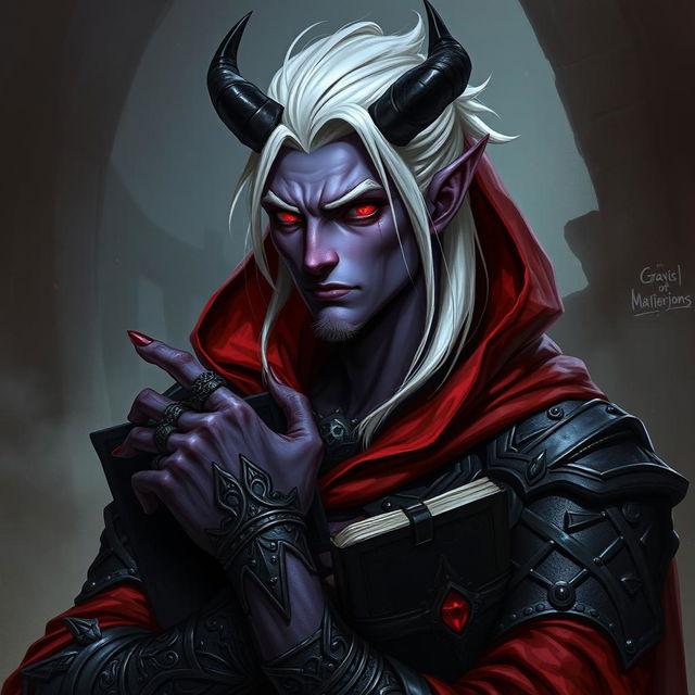 A detailed fantasy artwork of a male demon, a sinister yet charismatic warlock