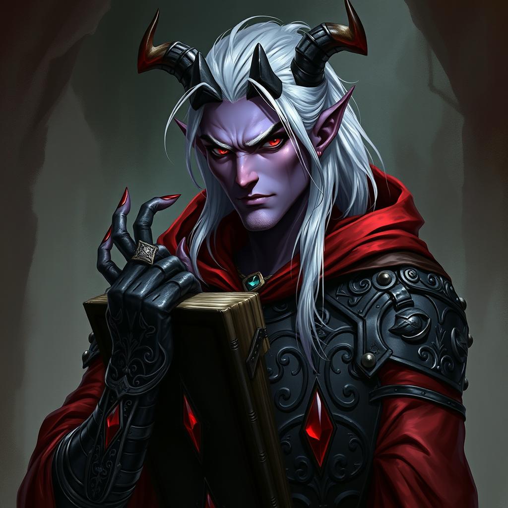 A detailed fantasy artwork of a male demon, a sinister yet charismatic warlock