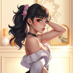 A character inspired by HannaOWO, depicted in a captivating and artistic pose, highlighting her unique features and aesthetic