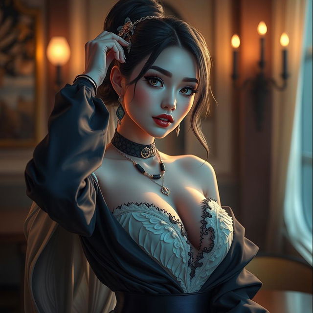 A character inspired by HannaOWO, depicted in a captivating and artistic pose, highlighting her unique features and aesthetic