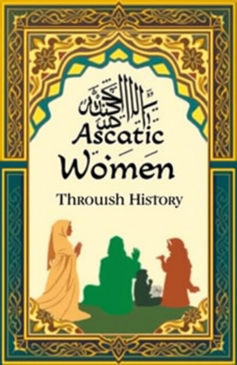 An Islamic book cover design with intricate Islamic geometric patterns in the background, featuring an elegant calligraphy of the title 'Ascetic Women Throughout History'