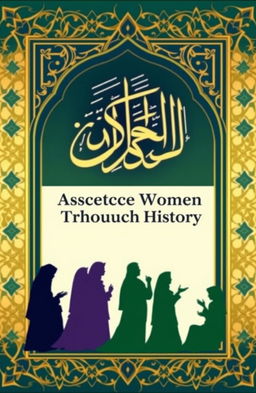 An Islamic book cover design with intricate Islamic geometric patterns in the background, featuring an elegant calligraphy of the title 'Ascetic Women Throughout History'