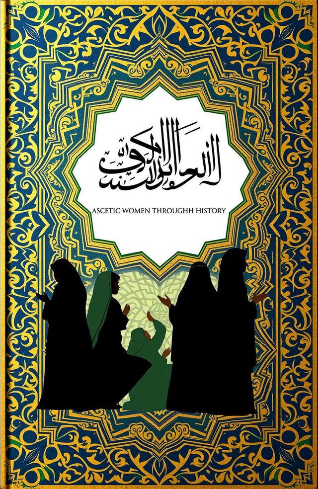 An Islamic book cover design with intricate Islamic geometric patterns in the background, featuring an elegant calligraphy of the title 'Ascetic Women Throughout History'