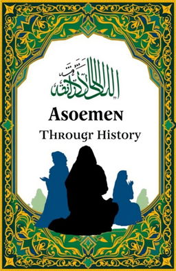 An Islamic book cover design with intricate Islamic geometric patterns in the background, featuring an elegant calligraphy of the title 'Ascetic Women Throughout History'