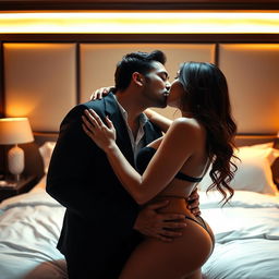 A romantic and sensual scene depicting a passionate French kiss between a couple of 23 years old in a luxurious hotel bedroom
