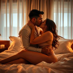 A romantic and sensual scene depicting a passionate French kiss between a couple of 23 years old in a luxurious hotel bedroom