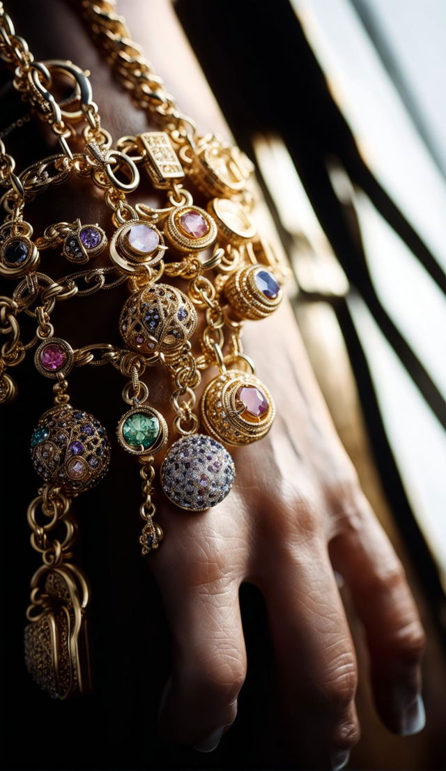 Close-up product editorial photo of a 32k gold Van Cleef and Arpels bracelet with precious stone charms, shot with a 200mm lens against a neutral background