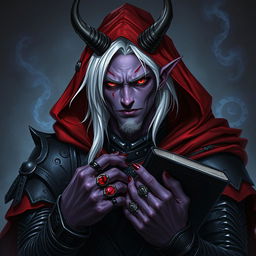 A detailed fantasy artwork of a male demon, a sinister yet charismatic warlock