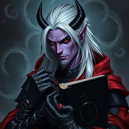 A detailed fantasy artwork of a male demon, a sinister yet charismatic warlock