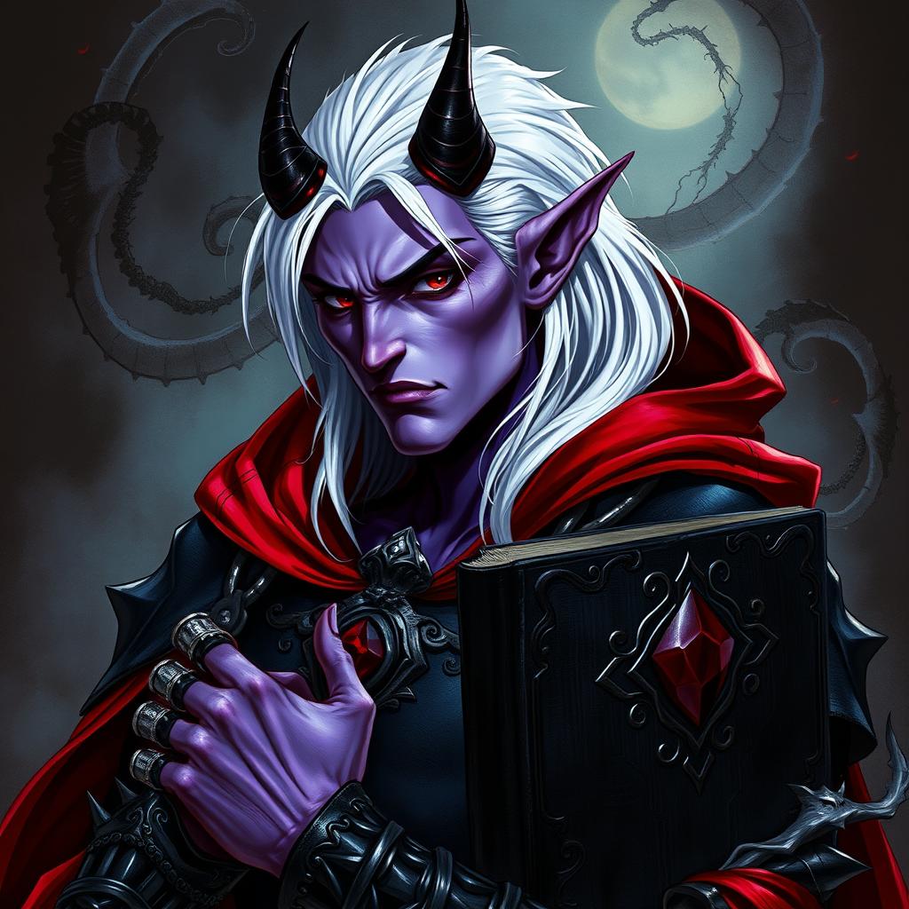 A detailed fantasy artwork of a male demon, a sinister yet charismatic warlock