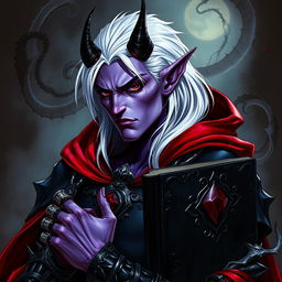 A detailed fantasy artwork of a male demon, a sinister yet charismatic warlock