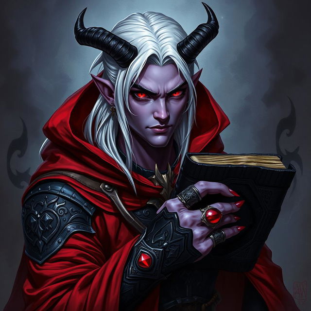 A detailed fantasy artwork of a male demon, a sinister yet charismatic warlock