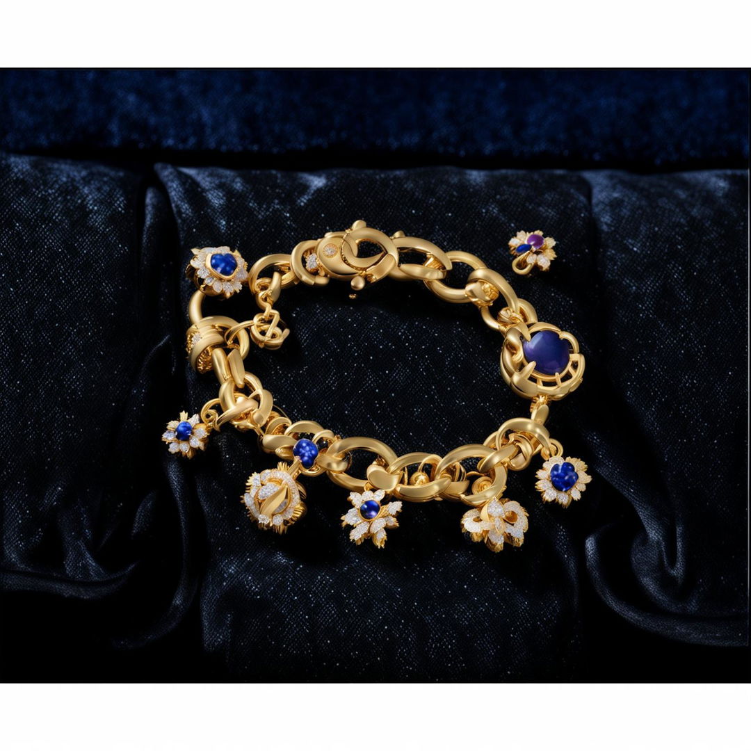 A photograph of an exquisite Van Cleef and Arpels bracelet made from 18k yellow gold with charms of mother-of-pearl flowers and gemstone-set butterflies