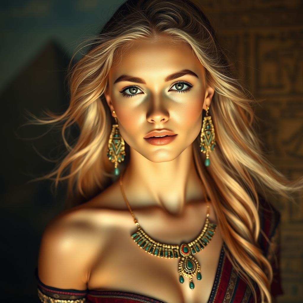 A captivating Egyptian beauty featuring a young woman with flowing blonde waves, radiant skin, and striking facial features