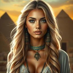 A captivating Egyptian beauty featuring a young woman with flowing blonde waves, radiant skin, and striking facial features