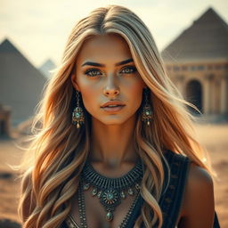 A captivating Egyptian beauty featuring a young woman with flowing blonde waves, radiant skin, and striking facial features