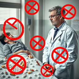 A detailed and engaging image featuring a middle-aged doctor in a white coat conversing with a young man at the center, portraying an atmosphere of concern and professional communication
