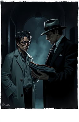 A dark color themed scene depicting a tense and dramatic encounter between a mafia figure and a professor