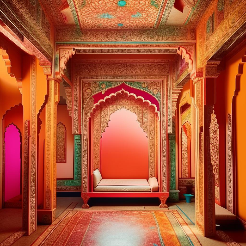 A beautiful 12x12 room with blank walls, decorated in a lush Indian style with vibrant colors, intricate patterns, and traditional Indian decor.