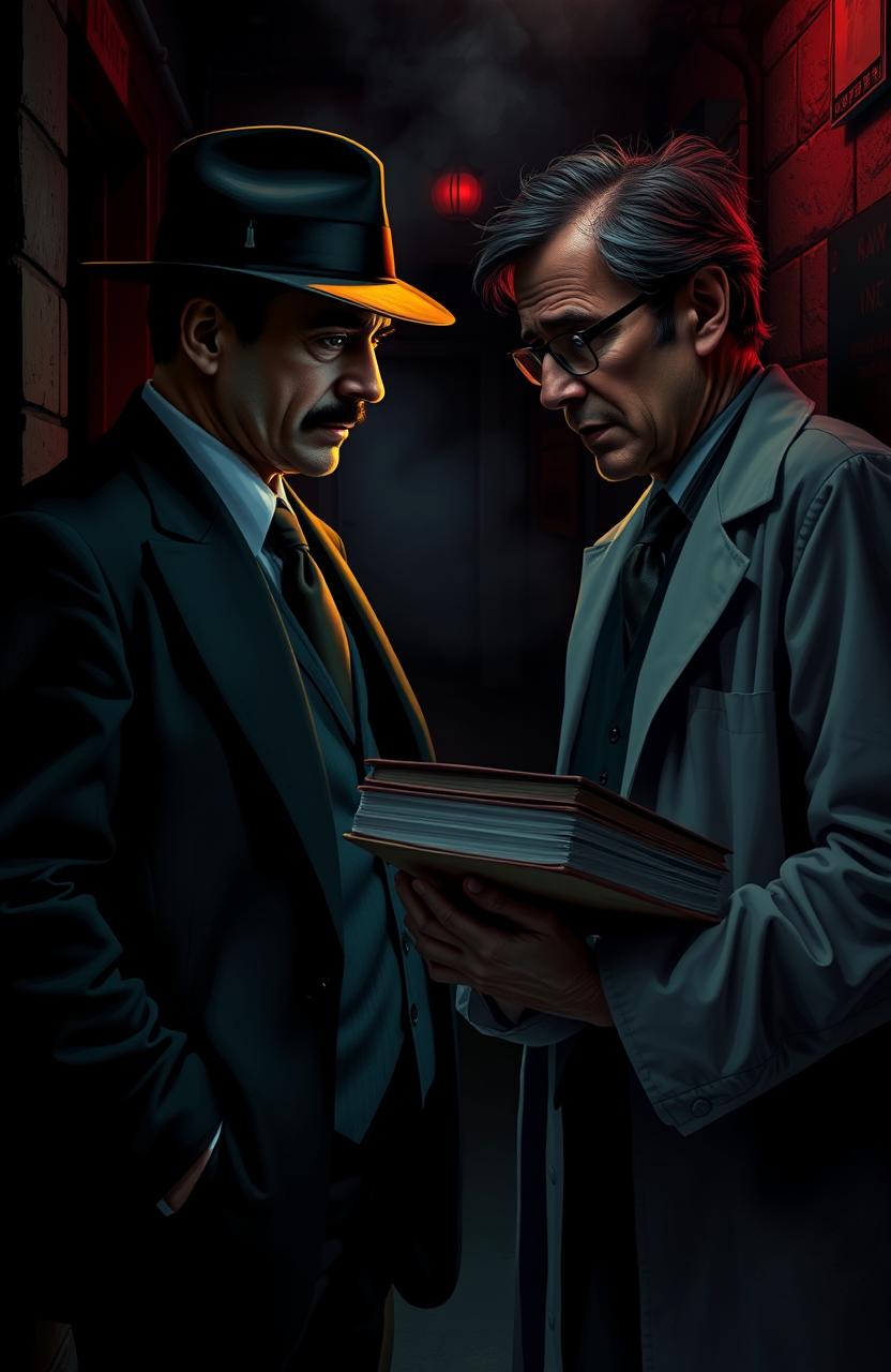 A dark color themed scene depicting a tense and dramatic encounter between a mafia figure and a professor