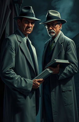 A dark color themed scene depicting a tense and dramatic encounter between a mafia figure and a professor