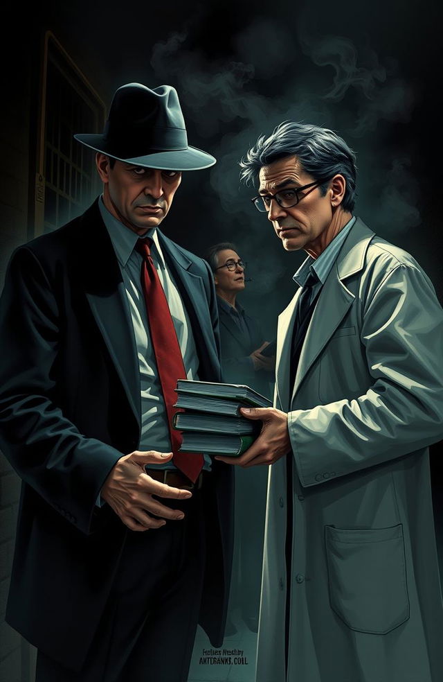 A dark color themed scene depicting a tense and dramatic encounter between a mafia figure and a professor