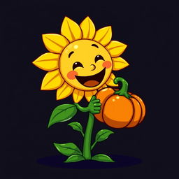 A cheerful sunflower character from the game 'Plants vs Zombies' smiling while holding a simple and ordinary pumpkin